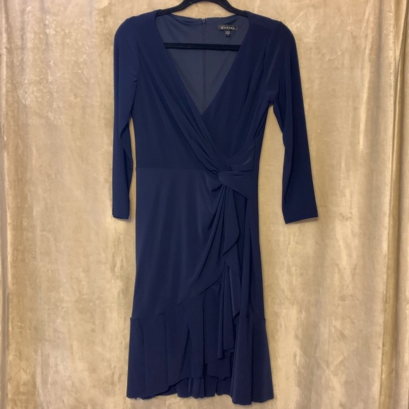 MARINA Navy Blue Ruffle Wrap Dress Wedding Prom S - Picture 6 of 10